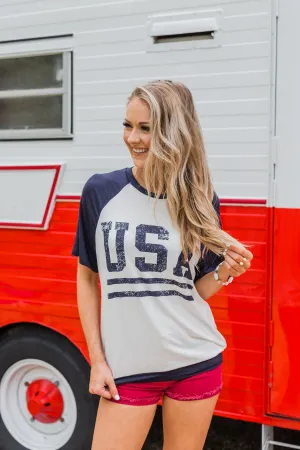 "USA" Graphic Raglan Top- Navy