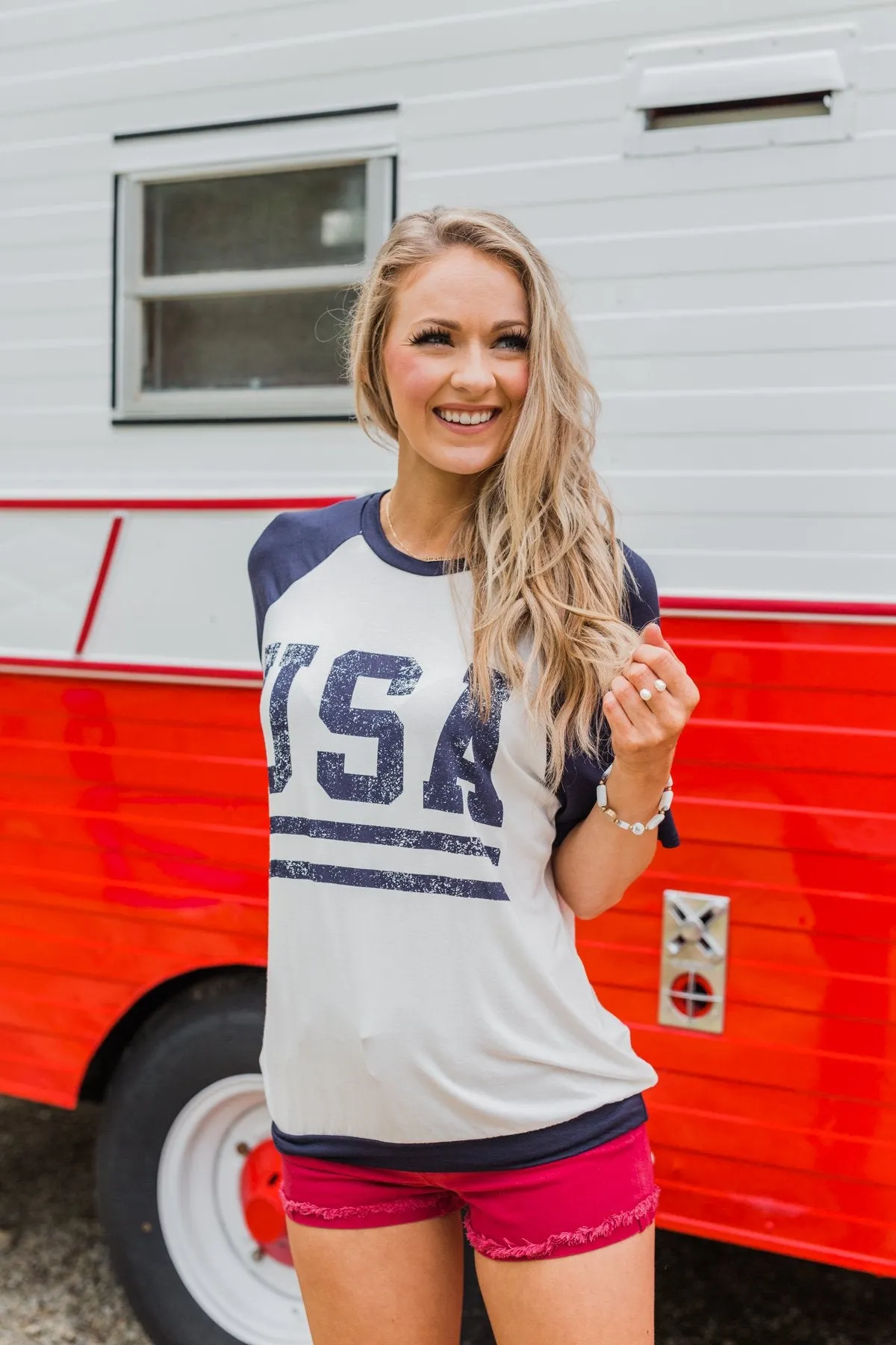 "USA" Graphic Raglan Top- Navy