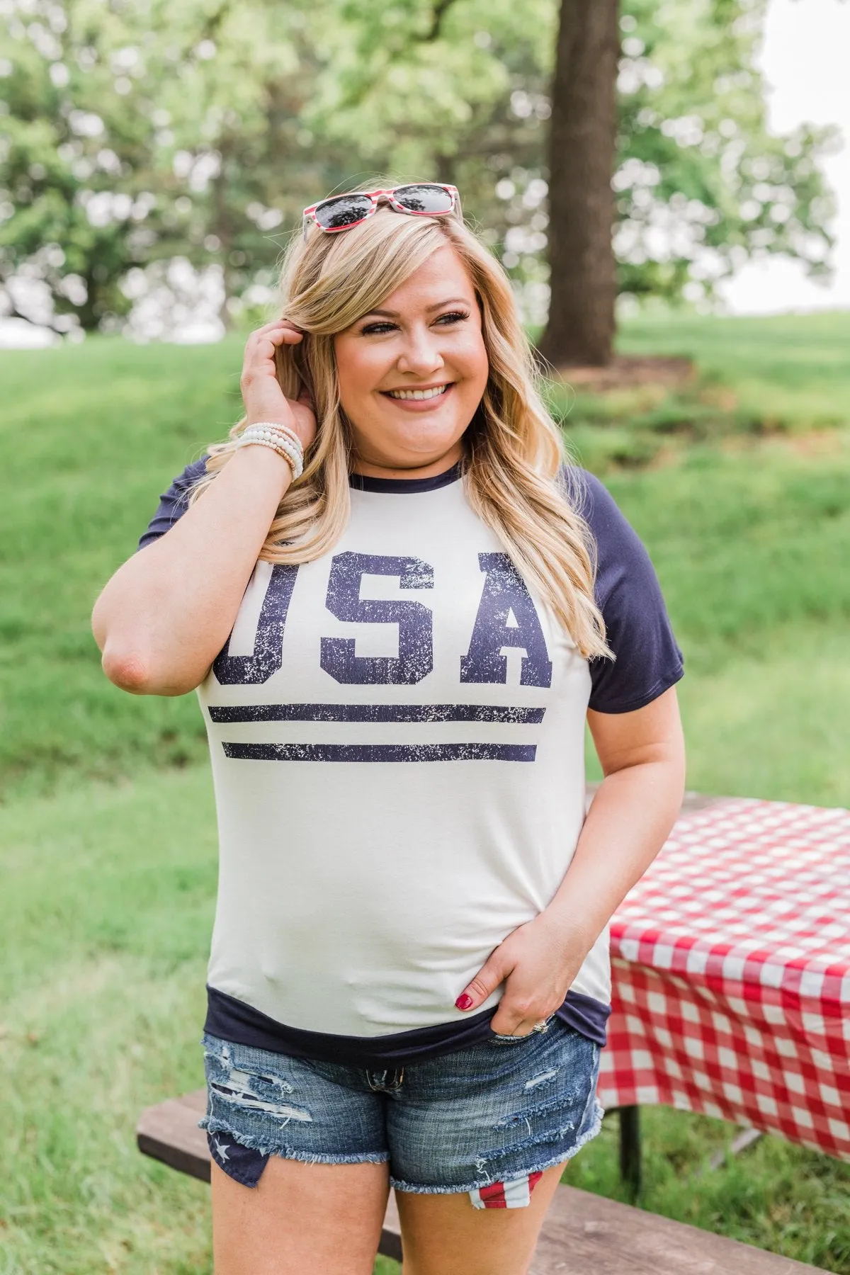 "USA" Graphic Raglan Top- Navy