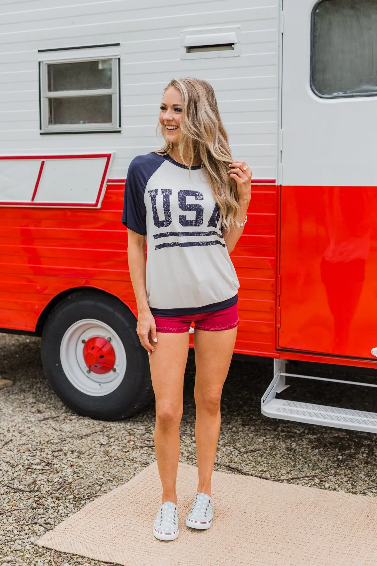 "USA" Graphic Raglan Top- Navy