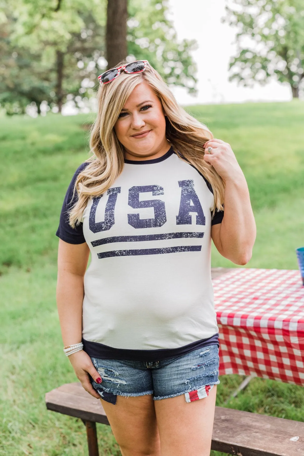 "USA" Graphic Raglan Top- Navy