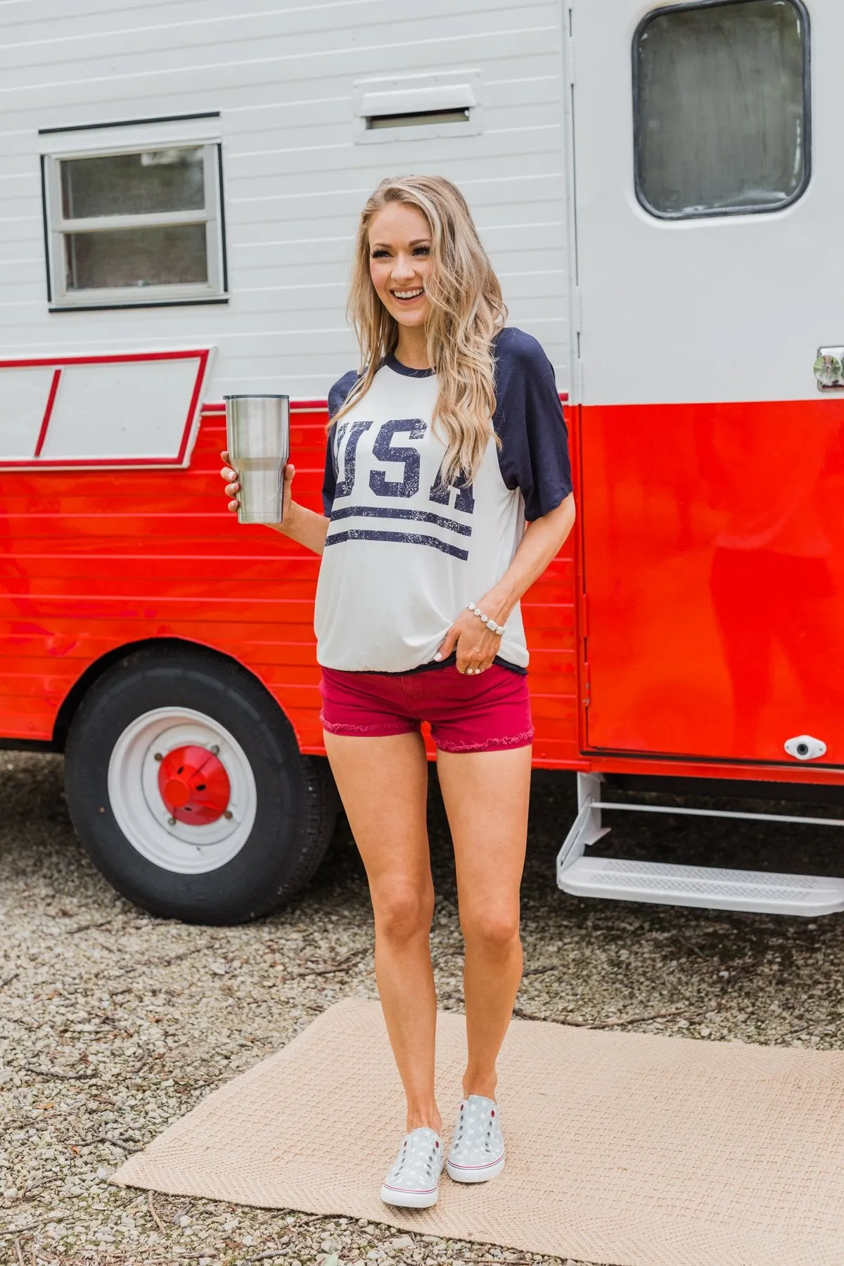 "USA" Graphic Raglan Top- Navy