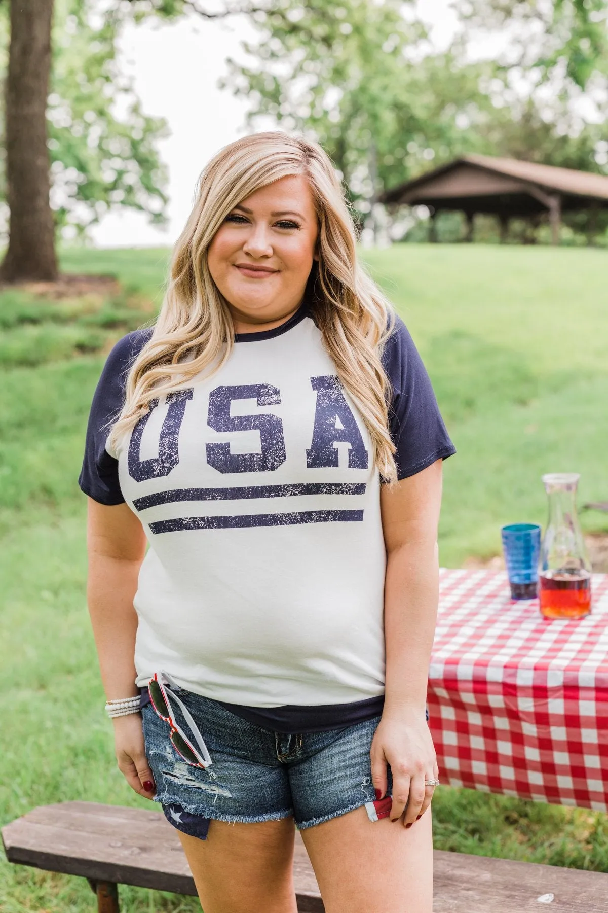 "USA" Graphic Raglan Top- Navy