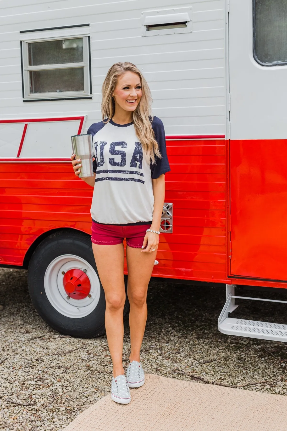 "USA" Graphic Raglan Top- Navy