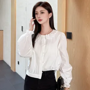 Relaxed-Fit Silk Blouse with Round Neck and Ruched Sleeves