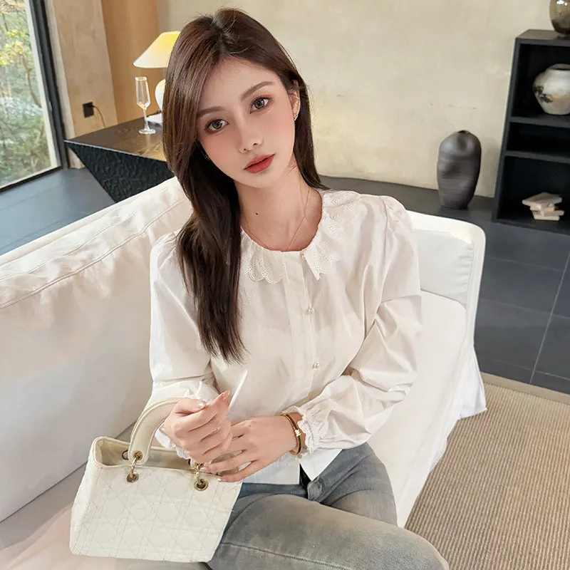 Relaxed-Fit Silk Blouse with Round Neck and Ruched Sleeves
