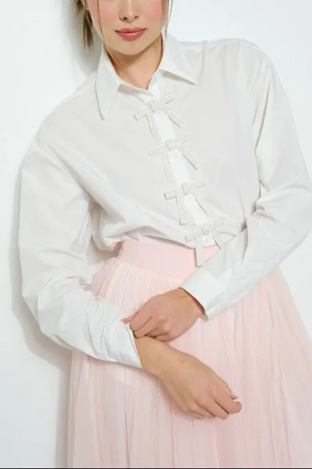 Rhinestone Bow Embellished Long Sleeve Shirt (2 Color Ways)