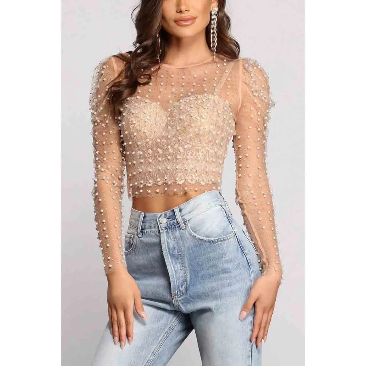 Rhinestone Faux Pearl Puff Mesh Top