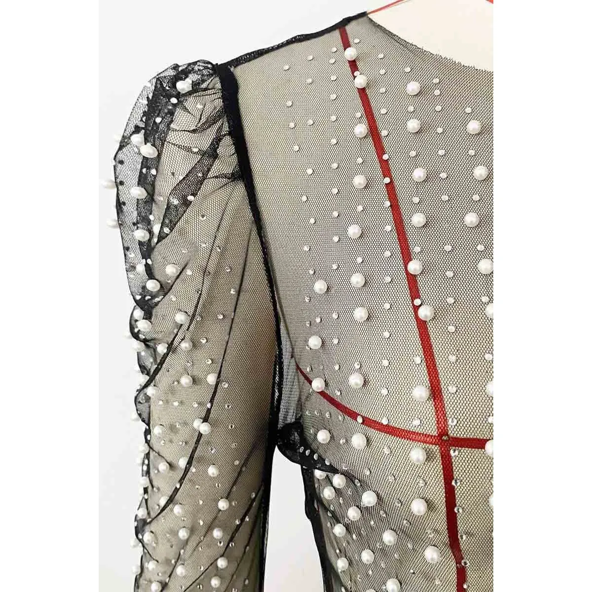 Rhinestone Faux Pearl Puff Mesh Top