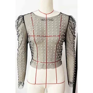 Rhinestone Faux Pearl Puff Mesh Top