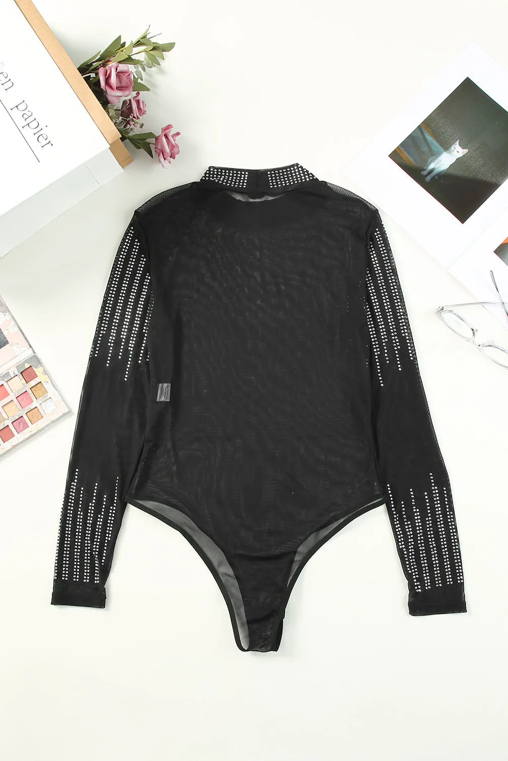 Rhinestone Sheer Mesh Bodysuit