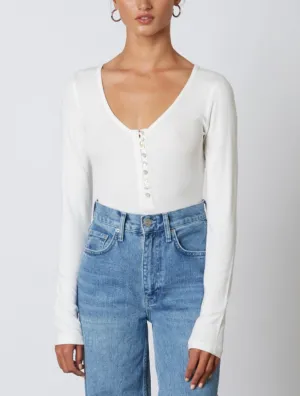 Ribbed Pearl Button V Neck Henley Long Sleeve Top