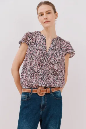 Ruffle Sleeve Blouse - Gray Print