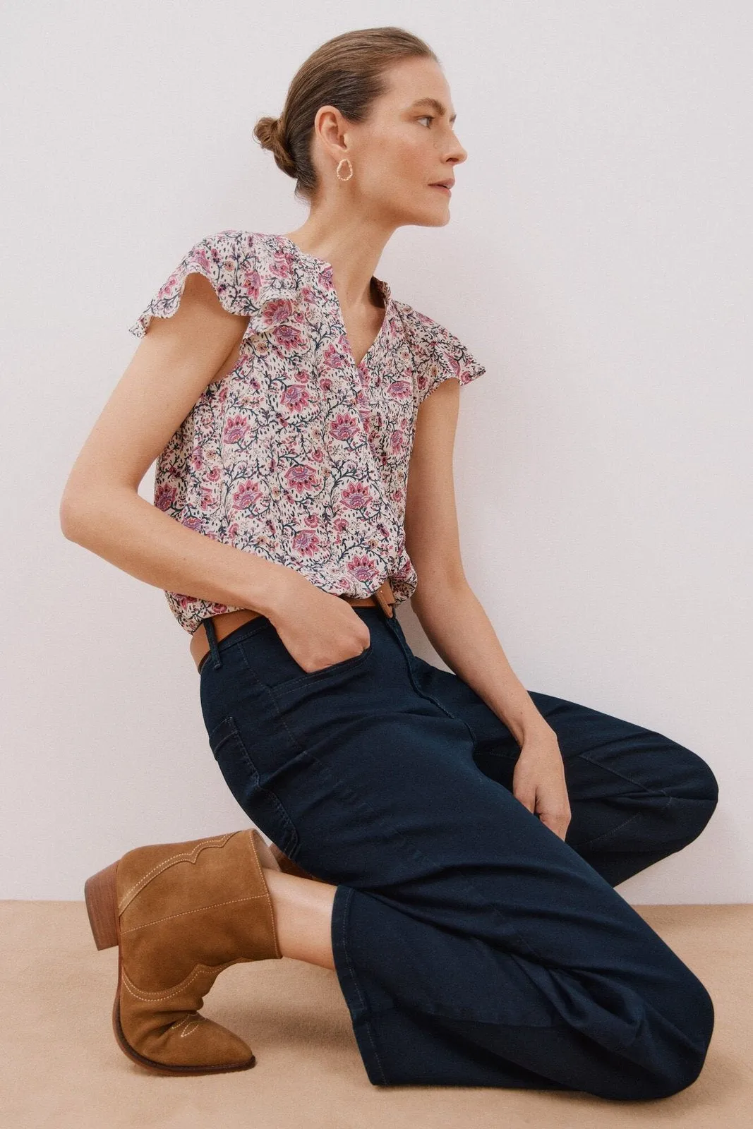 Ruffle Sleeve Blouse - Maroon Print