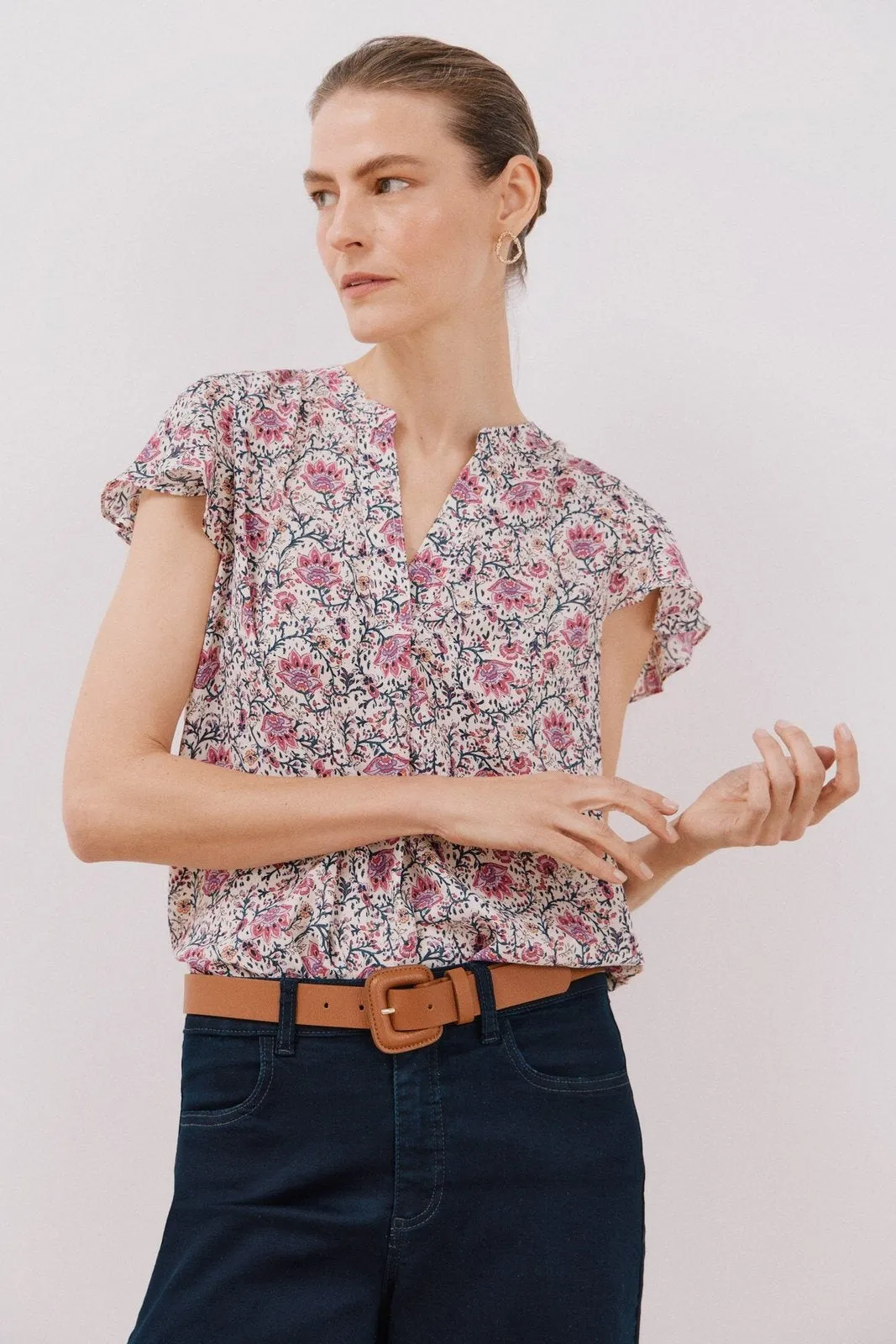 Ruffle Sleeve Blouse - Maroon Print