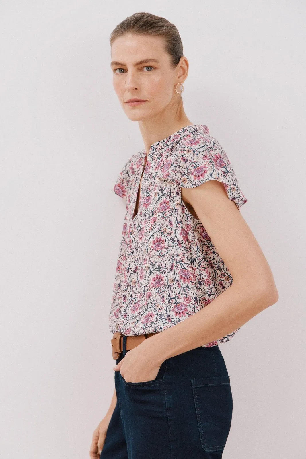 Ruffle Sleeve Blouse - Maroon Print