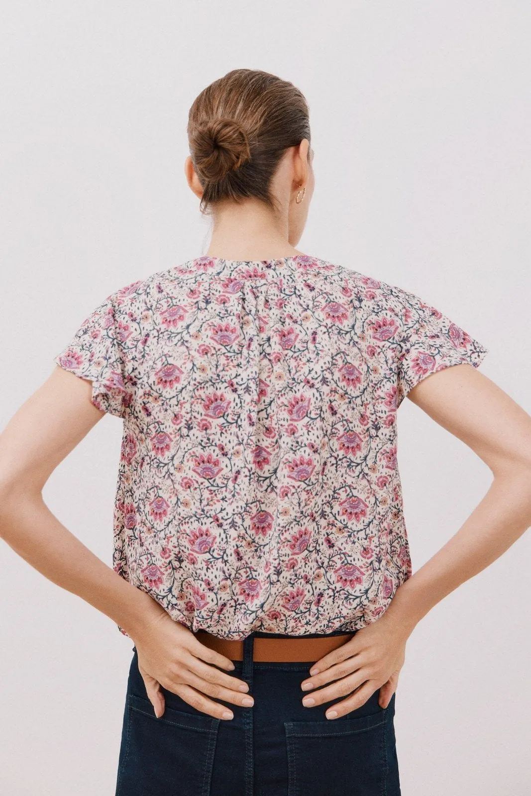 Ruffle Sleeve Blouse - Maroon Print