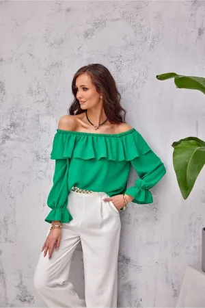 Ruffled Open-Shoulder Relaxed Blouse