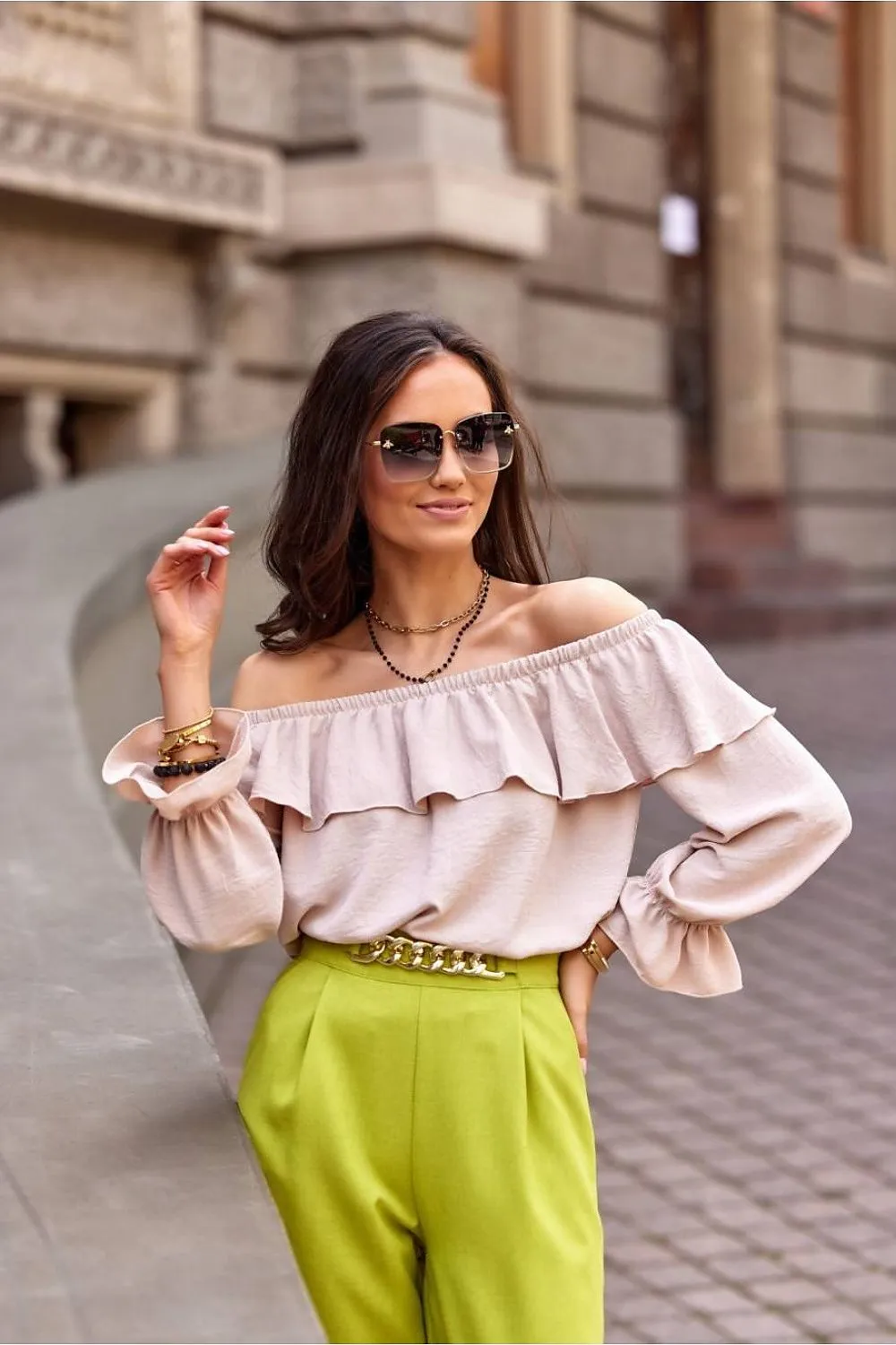 Ruffled Open-Shoulder Relaxed Blouse