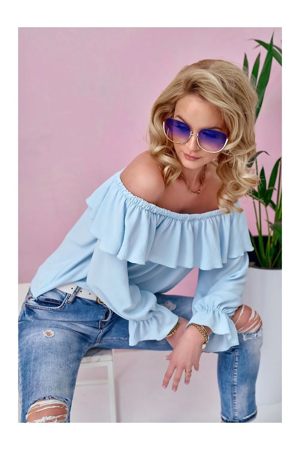 Ruffled Open-Shoulder Relaxed Blouse
