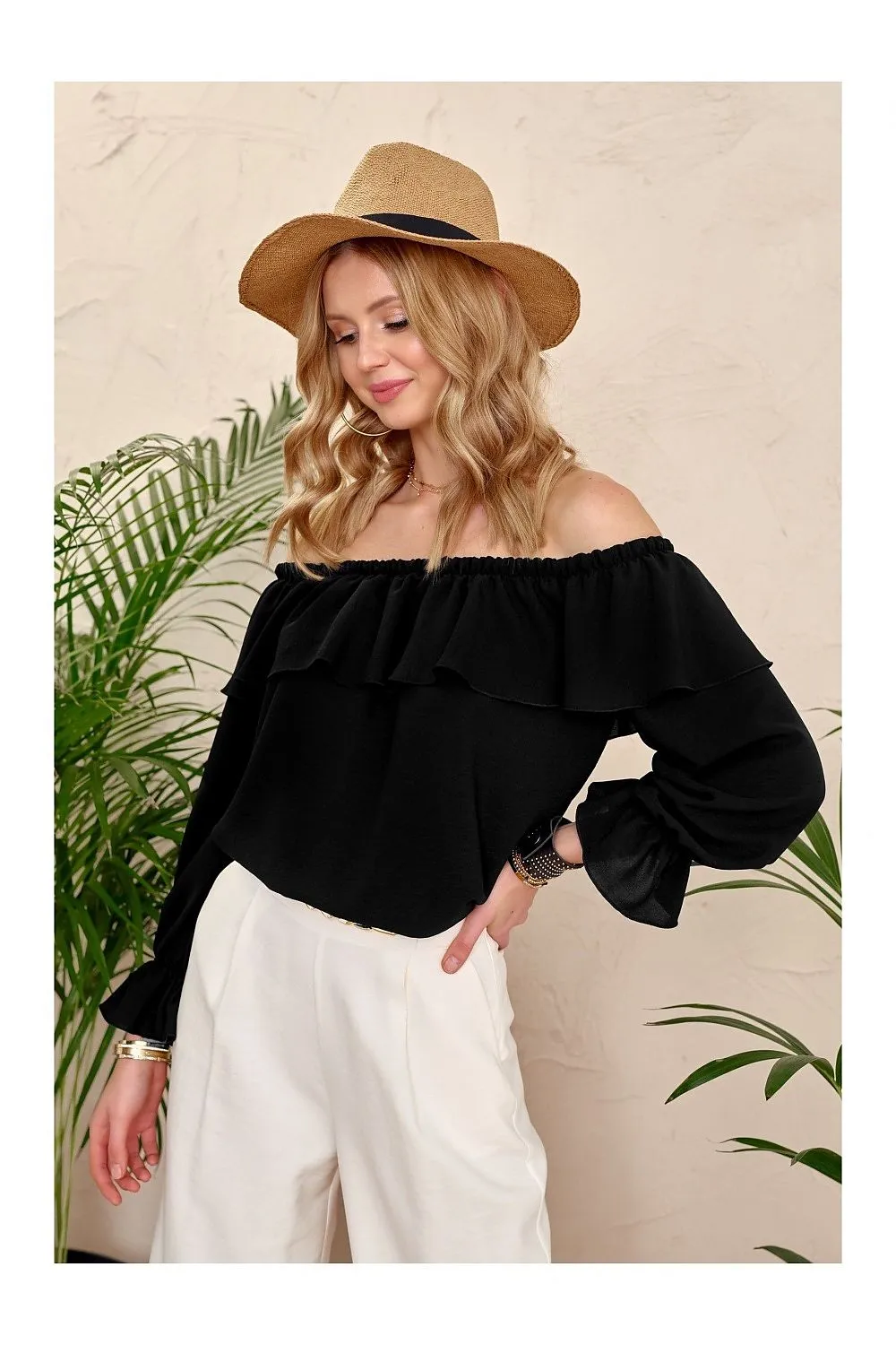 Ruffled Open-Shoulder Relaxed Blouse