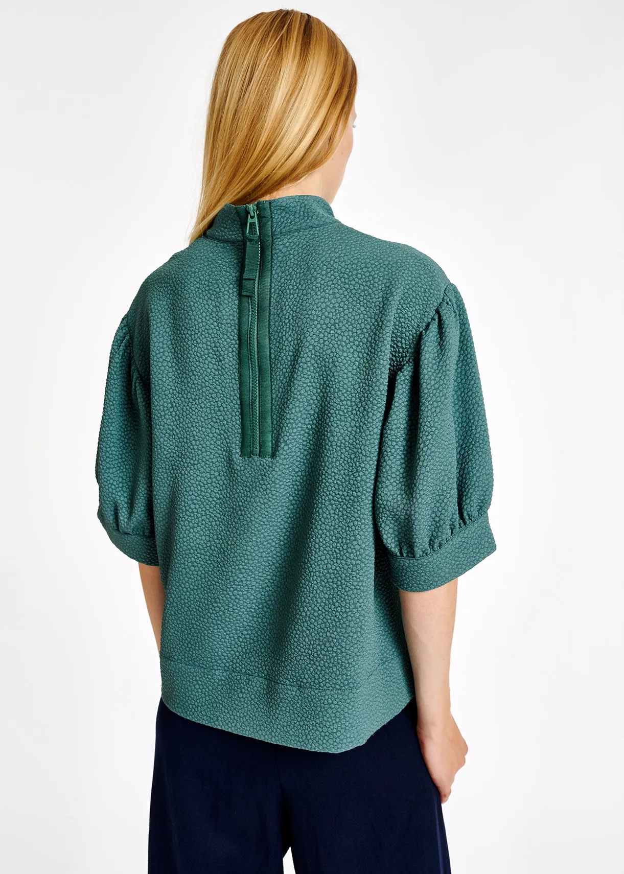 Sage green top with puffed sleeves