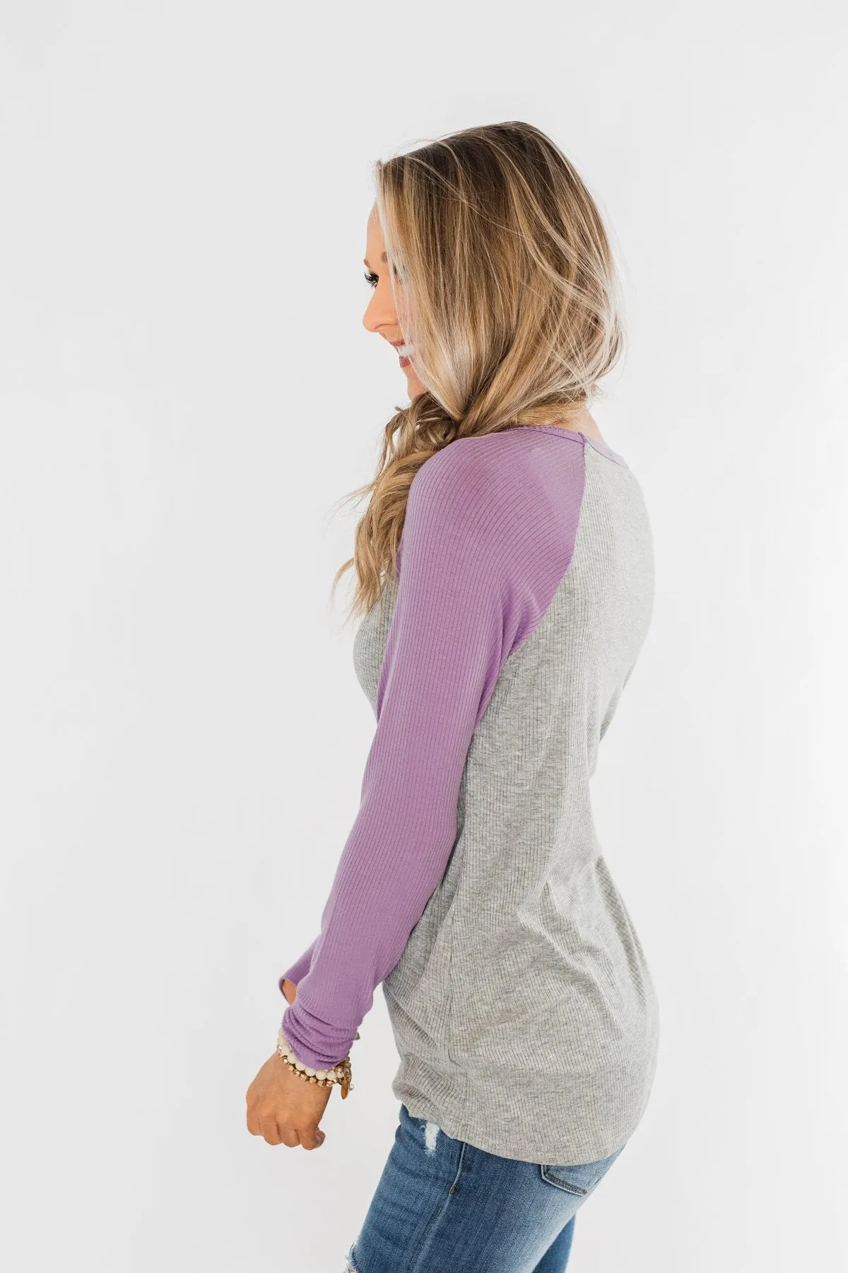 Season Awaits Long Sleeve Raglan Top- Lavender