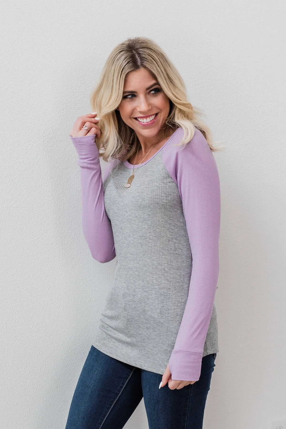 Season Awaits Long Sleeve Raglan Top- Lavender