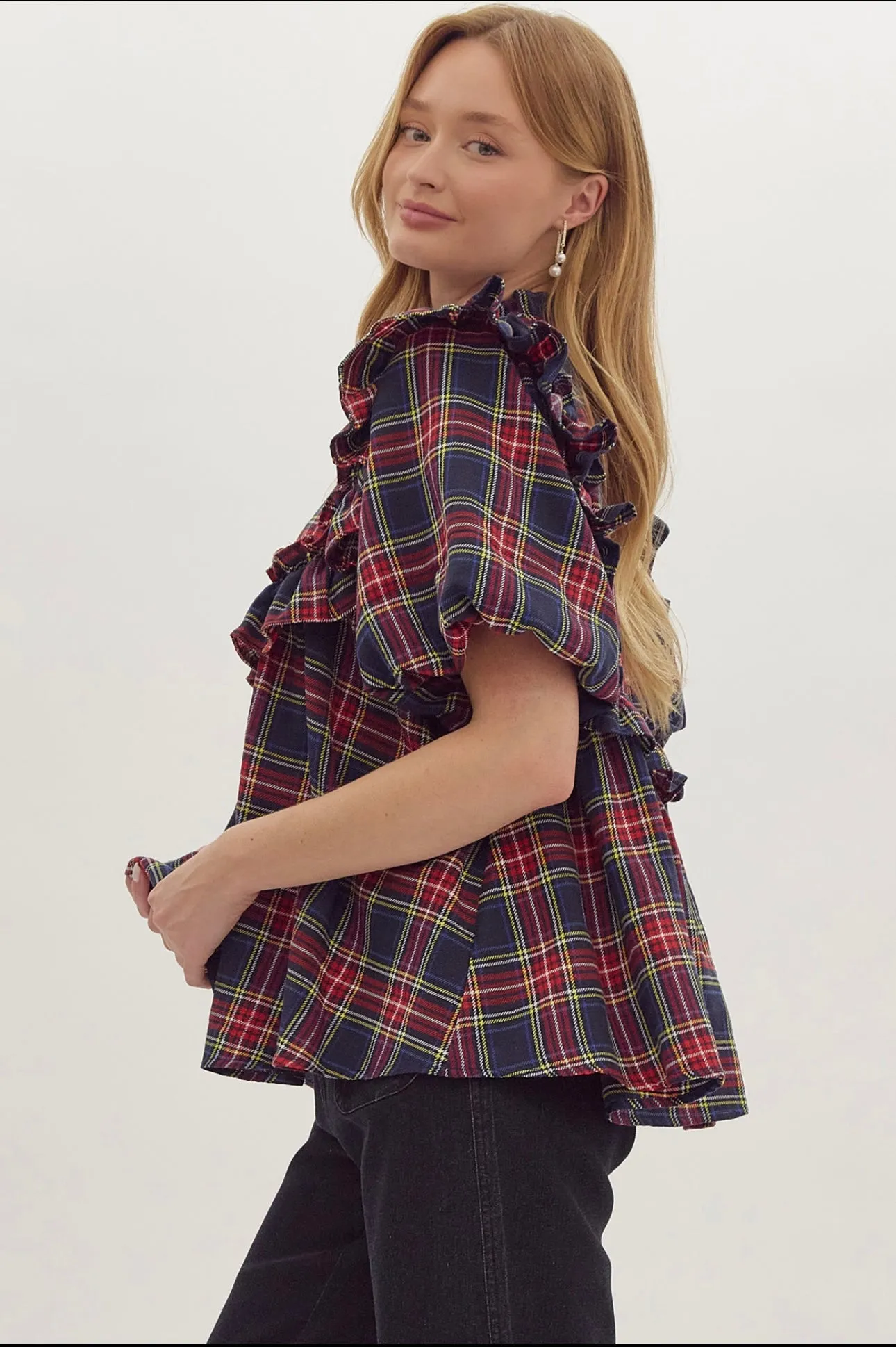 Serena Navy Plaid Top