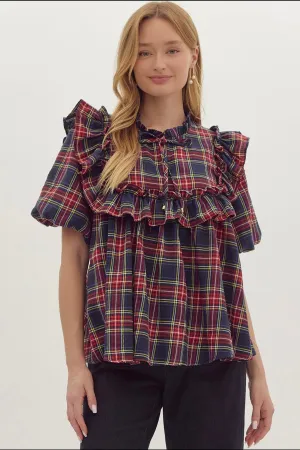 Serena Navy Plaid Top