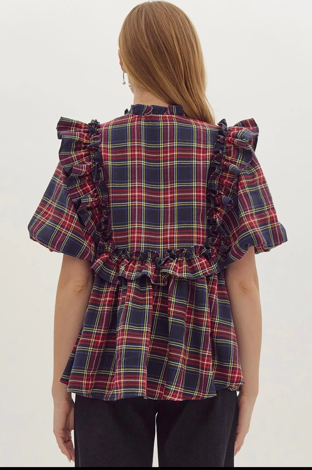 Serena Navy Plaid Top