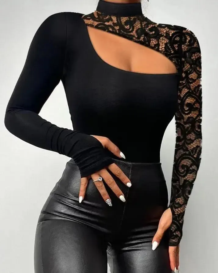 Sexy Lace Irregular Long Sleeve Top Women's Shirts Sexy Off Shoulder Lace Irregular Long Sleeve Black Tops O-neck Ladies Elegant Blouse T-shirt