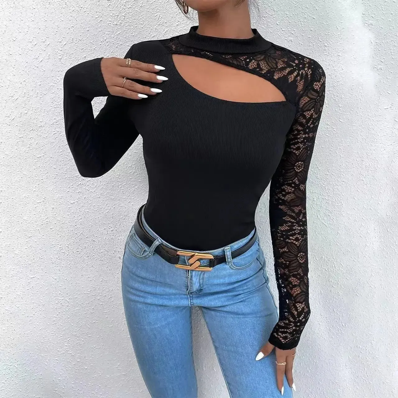 Sexy Lace Irregular Long Sleeve Top Women's Shirts Sexy Off Shoulder Lace Irregular Long Sleeve Black Tops O-neck Ladies Elegant Blouse T-shirt