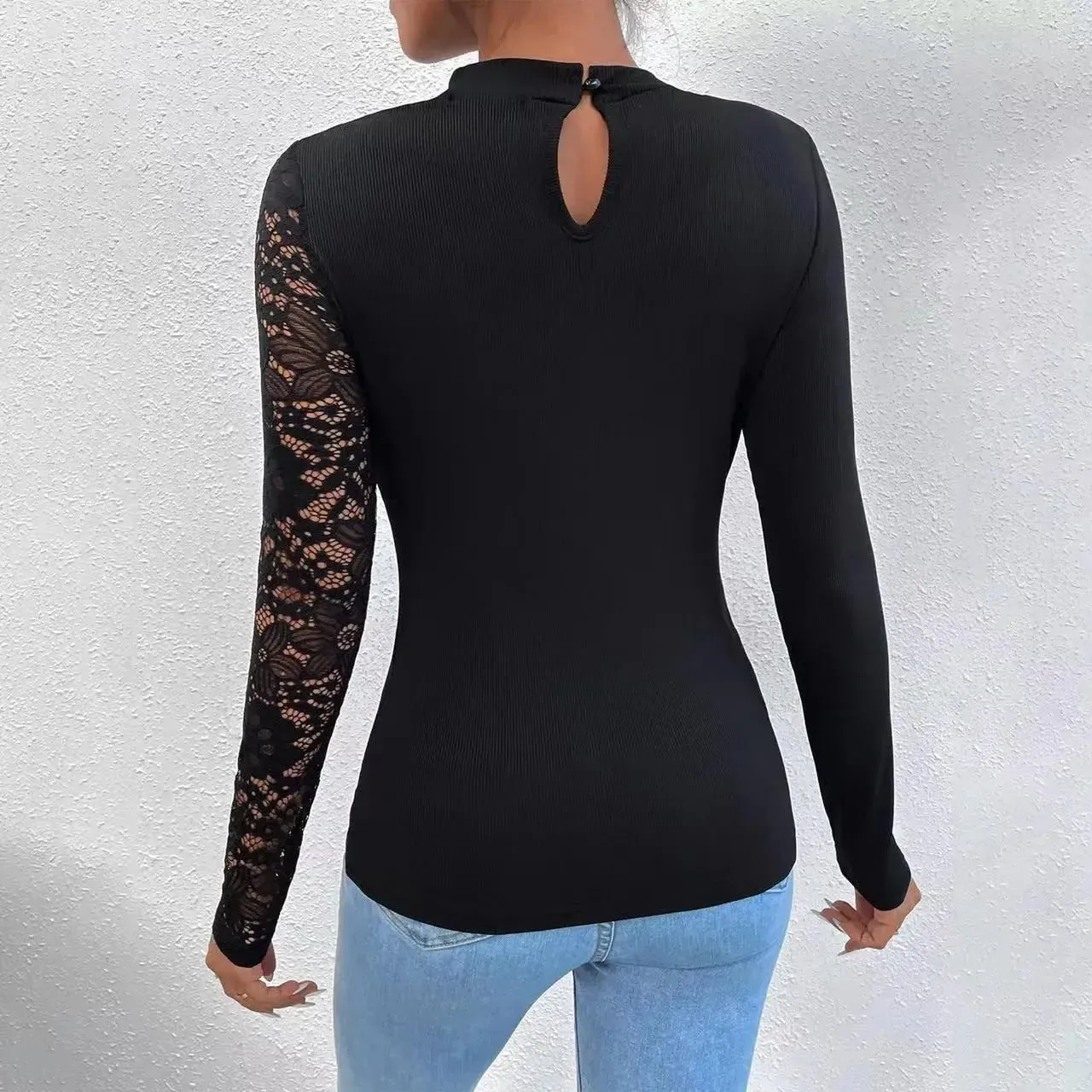 Sexy Lace Irregular Long Sleeve Top Women's Shirts Sexy Off Shoulder Lace Irregular Long Sleeve Black Tops O-neck Ladies Elegant Blouse T-shirt
