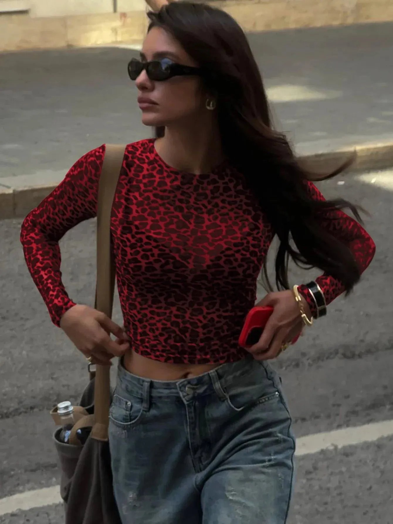 Sexy Long Sleeve Leopard Printed Mesh Bodycon Knit Top