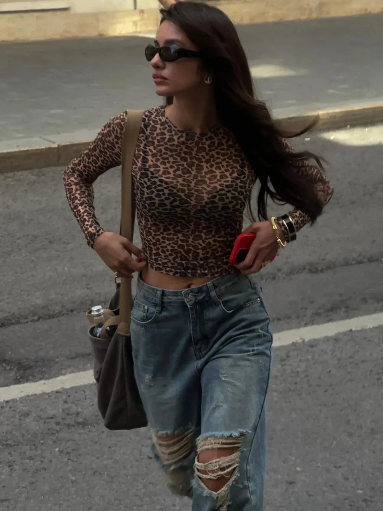 Sexy Long Sleeve Leopard Printed Mesh Bodycon Knit Top