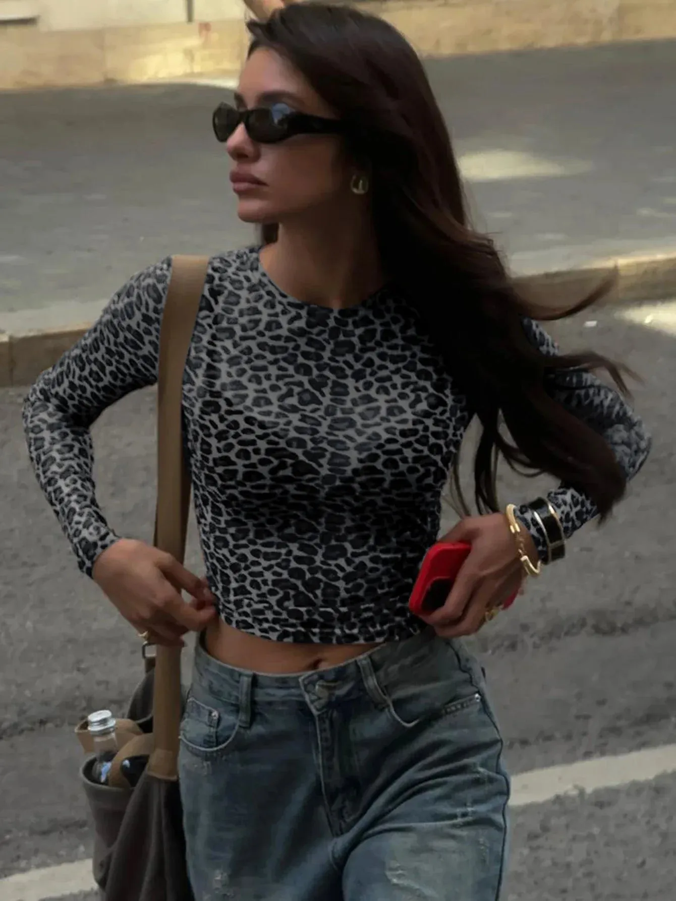 Sexy Long Sleeve Leopard Printed Mesh Bodycon Knit Top
