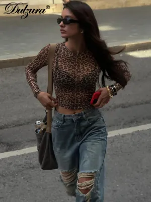 Sexy Long Sleeve Leopard Printed Mesh Bodycon Knit Top