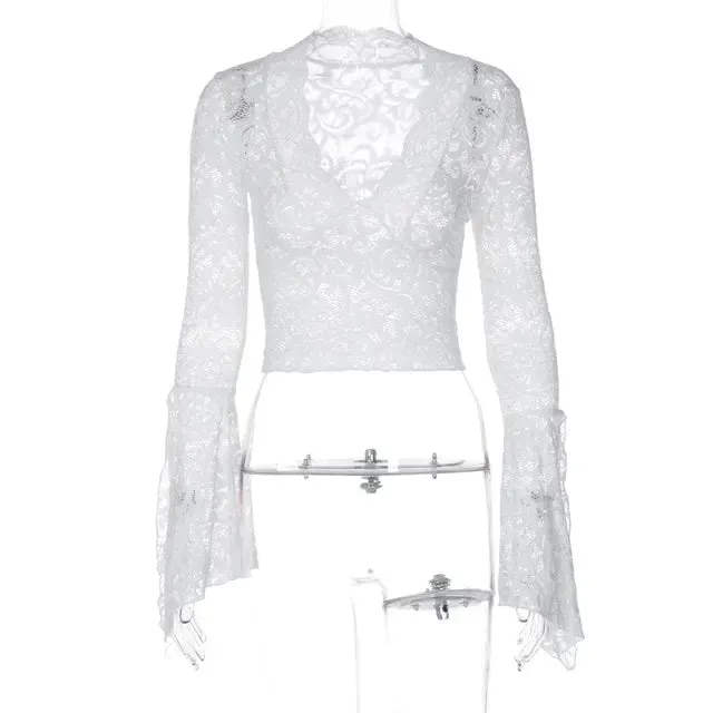 Sexy V-neck Flare Sleeve Lace T-shirts