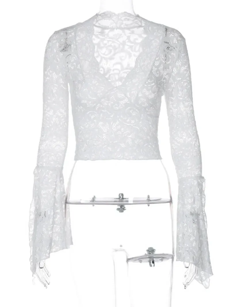 Sexy V-neck Flare Sleeve Lace T-shirts
