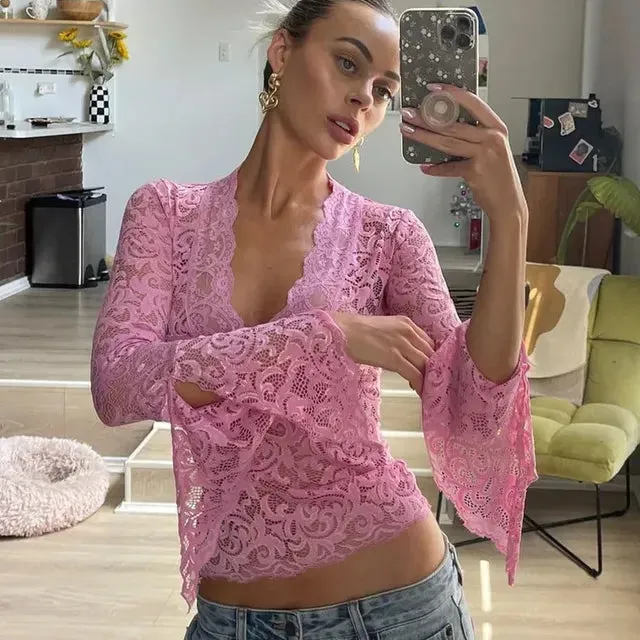 Sexy V-neck Flare Sleeve Lace T-shirts