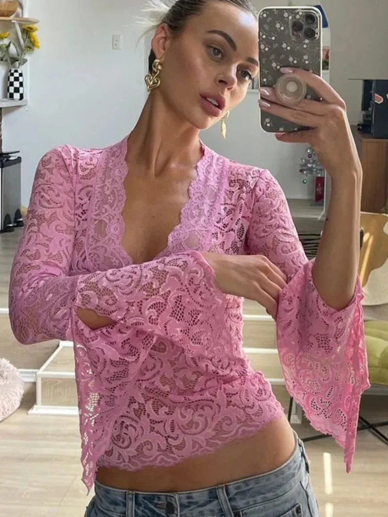 Sexy V-neck Flare Sleeve Lace T-shirts