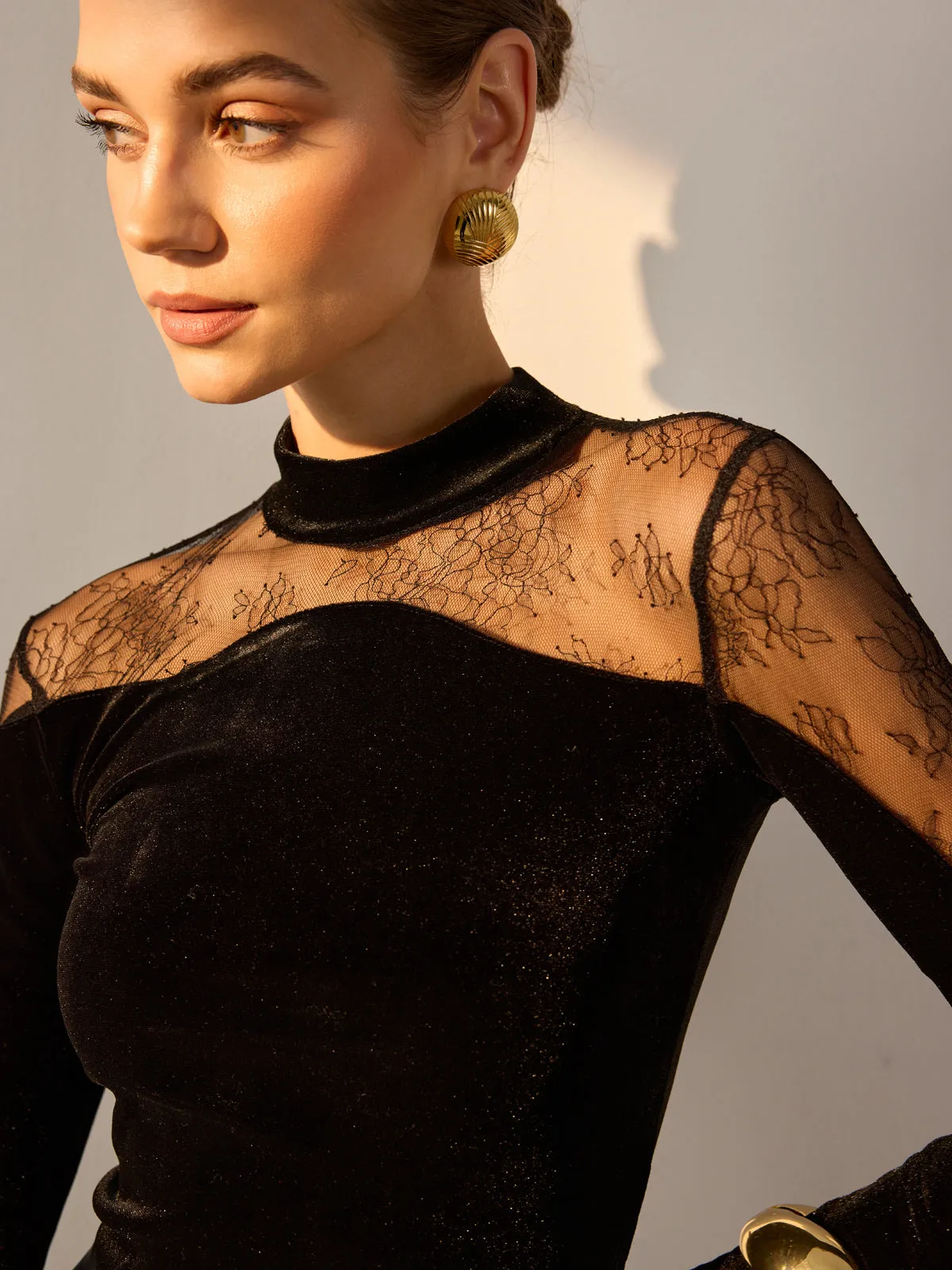 Sheer Lace Panel Velvet Slim Blouse