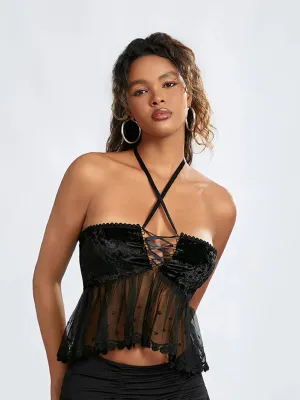 Sheer Mesh Halter Tie-up Strapless Backless Bandeau