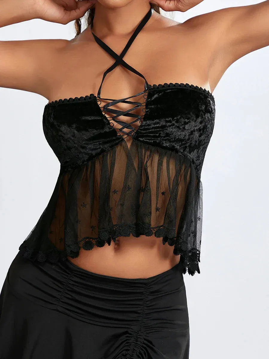 Sheer Mesh Halter Tie-up Strapless Backless Bandeau