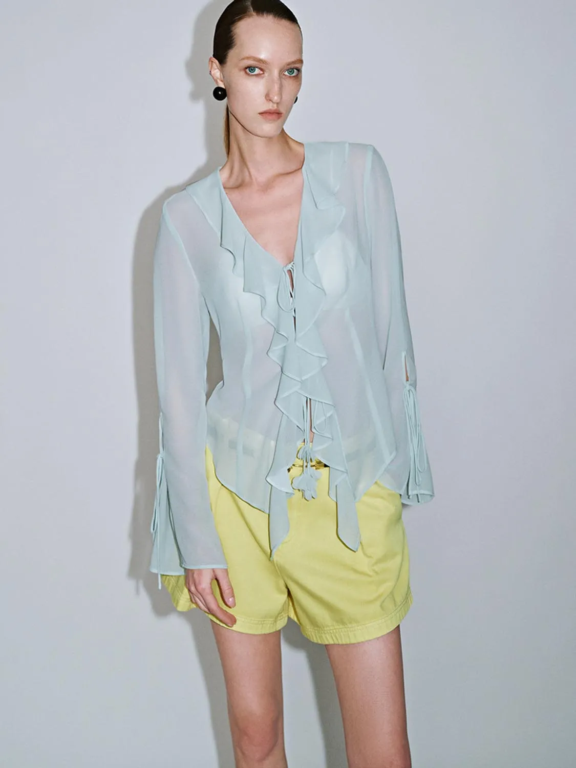 Sheer Ruffle Hem Blouses