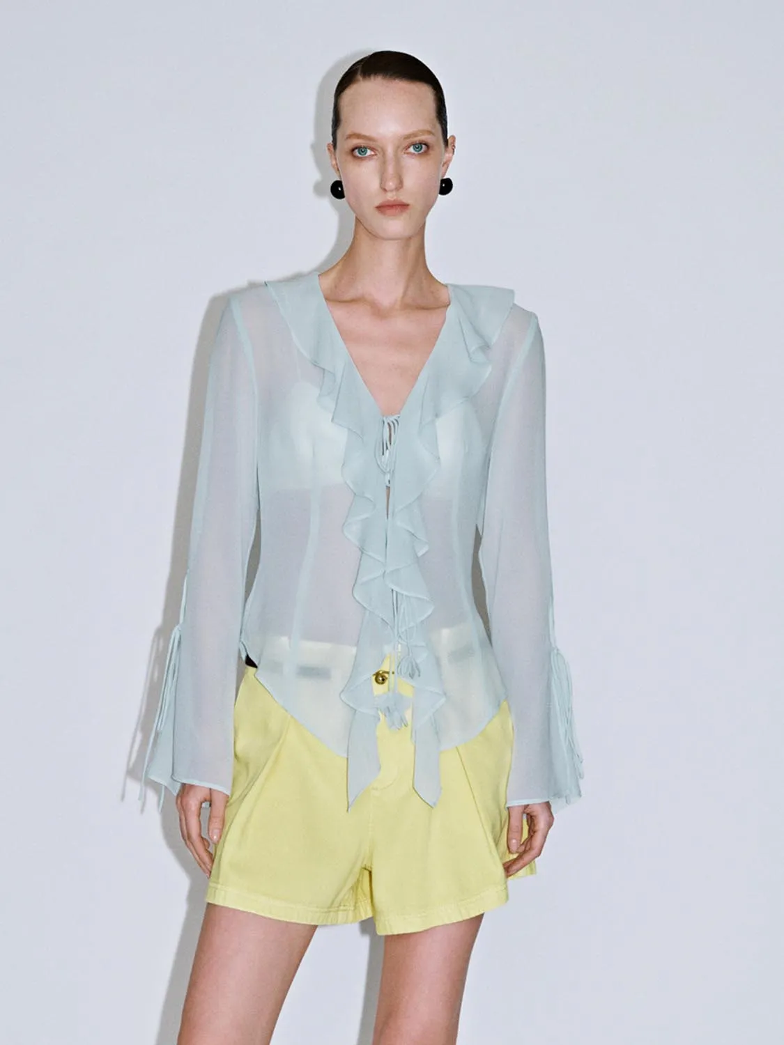 Sheer Ruffle Hem Blouses