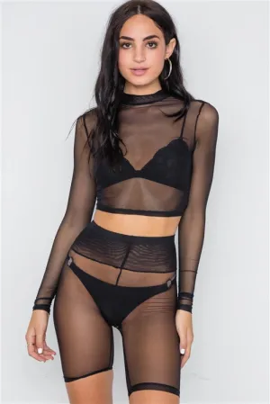 Sheer Top & Biker Shorts Set | Black