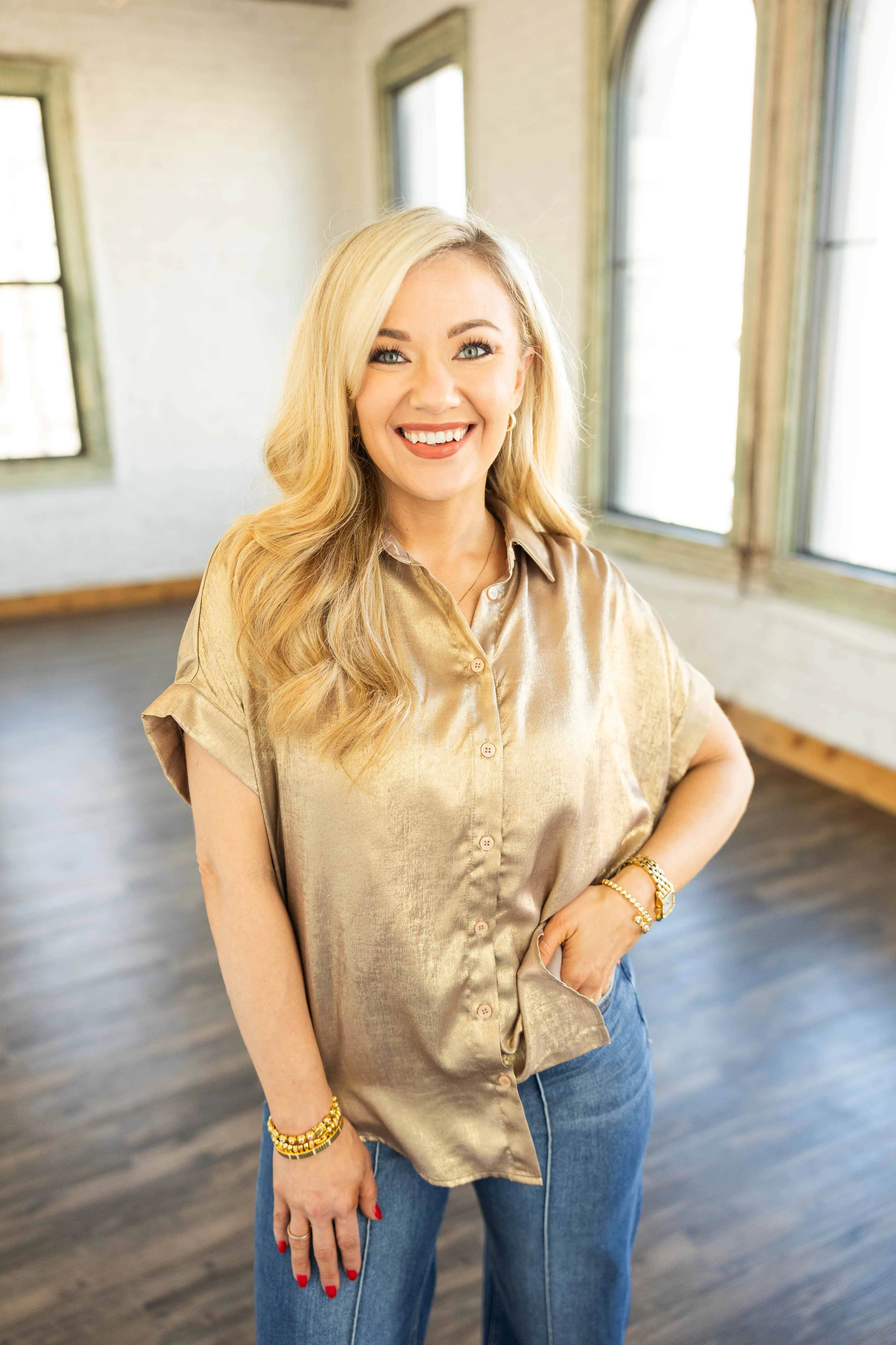 SHIMMERY NIGHT TAUPE BUTTON DOWN TOP