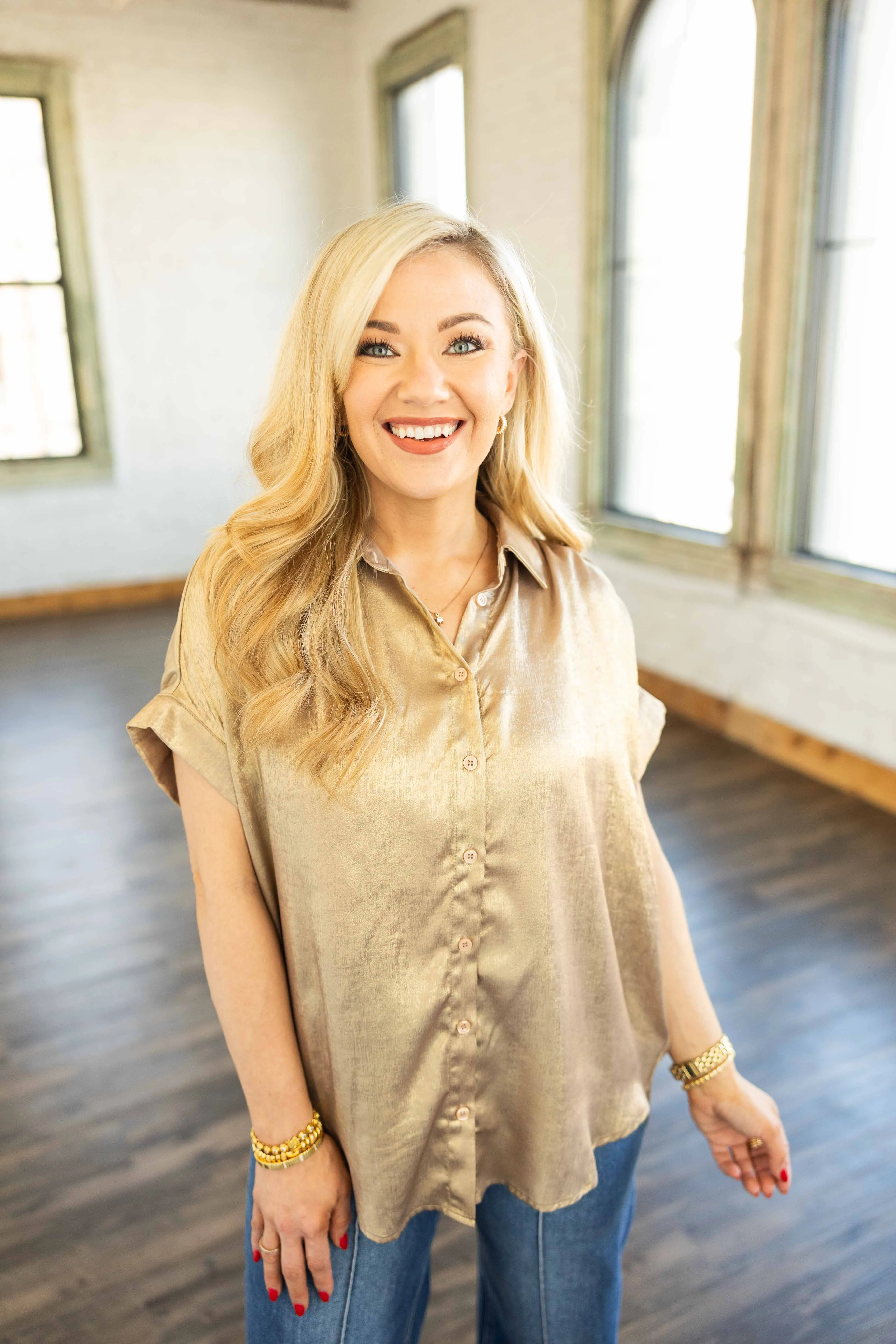 SHIMMERY NIGHT TAUPE BUTTON DOWN TOP